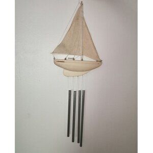 Vintage Nautical Wood Sailboat Wind Chimes 4 Metal Tubes Silver
